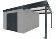 Garden house with garage door and 2m right side carport in light grey